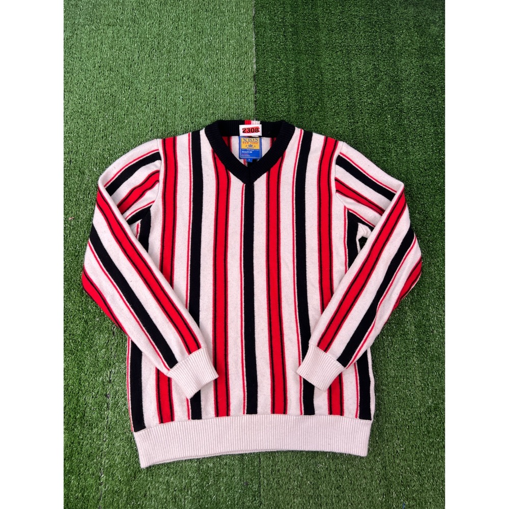 Xios New York Mens Red Black White Striped V-Neck Knit Sweater Large